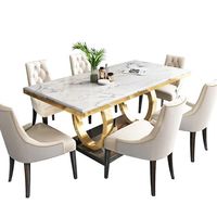 Table à manger rectangulaire moderne de luxe en marbre avec pieds en métal, chaises rembourrées bleu sarcelle, 6 places, finition dorée, bord brut imperméable, pour studio