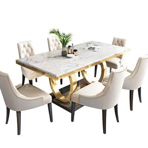 Table à manger rectangulaire moderne en marbre, chaises rembourrées bleu sarcelle, 6 places, finition dorée, meubles de maison stables, modèle LIVE EDGE STUDIO 095 - Product Image 2