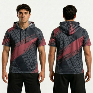 Red Black Sublimation Polyester <b>Hooded</b> Half Sleeve Sports <b>Shirt</b> With Quick Dry Breathable Moisture Wicking Athletic Wear - Product Image 3