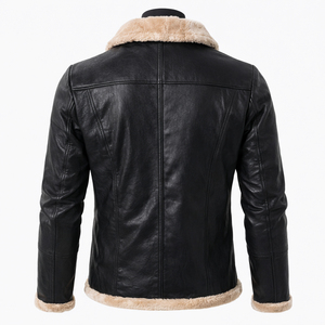 Chaqueta de Cuero Genuino para Hombre con Forro de Piel Sintética, Cuello Camisero, Estilo Motero, Resistente al Viento, Abrigo de Invierno, Corte Ajustado - Product Image 3