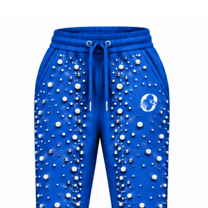Royal Blue Pearl Beaded <b>Jogger</b> Pants <b>Women</b> Fashion Embellished Drawstring Sweatpants Luxury Casual Streetwear <b>Fleece</b> Bottoms - Product Image 3