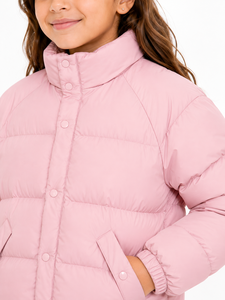 Livster Girls' Pink Winter <b>Hoodless</b> <b>Puffer</b> <b>Jacket</b> Warm Insulated Printed Design Stand Collar Full Front Snap Buttons - Product Image 4