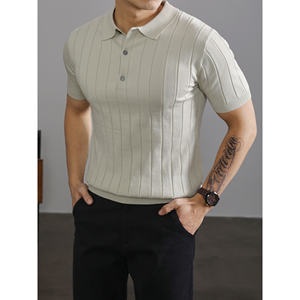 Polo Retro y Elegante, Camiseta de Manga Corta para Hombre, Estilo Veraniego de Lujo Ligero, Cuello con Solapa a Rayas, Tejido de Punto - Product Image 3