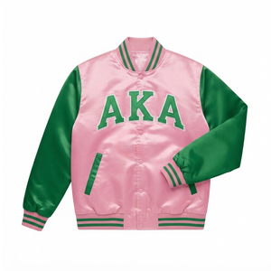 AKA green pink Satin Bomber college greek <b>Jacket</b> Custom Ribbon Lining <b>Women</b> Greek Letter Embroidered Varsity Street wear <b>Jacket</b> - Product Image 5