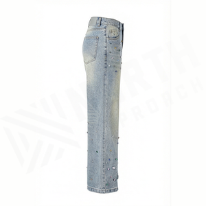 High Waist <b>Flare</b> Denim Jeans Men Cotton Stonewashed <b>Sequined</b> Dot Pattern Casual Spring Style Regular Fit - Product Image 3