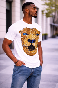 Camiseta Blanca Oversize para Hombre, Estilo Veraniego, con Estampado de León con Pedrería, Algodón, Estilo Urbano, Corte Holgado, Logotipo Personalizado, Último Diseño - Product Image 5