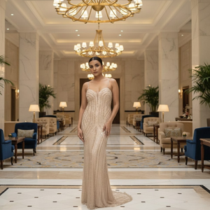 Robe de soirée longue pour femmes, vente en gros de haute couture |   Robe à col cœur ornée de perles, faite à la main, pour gala, mariage et événements formels - Product Image 2