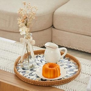 Decorative Rattan Tray Wholesale Handicraft Woven Mother of Pearl Serving Tray Home Restaurant Decor Food Tray - Product Image 2
