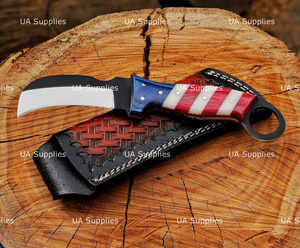 Couteau à lame fixe en acier Damas fait main, pointe Hawk Bill, avec trou pour le pouce, 7,5 pouces, qualité industrielle, manche drapeau USA, pour la chasse et les activités de plein air - Product Image 3