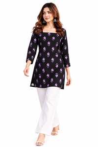 Robe longue à manches longues et col carré pour femme, imprimé floral noir, en polyester et rayonne tissée, style décontracté et ethnique, Kurti court pour femme - Product Image 3