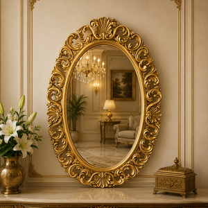 Heritage Crest Wooden Carving <b>Wall</b> <b>Mirror</b> Handcrafted Decorative Frame Premium Full Length Accent <b>Mirror</b> for Luxury Homes - Product Image 3