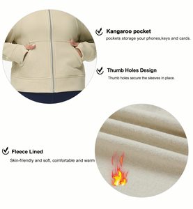 Sudadera con Capucha y Cremallera para Mujer, de Forro Polar, Color Beige Sólido, Manga Larga, Transpirable, para Otoño - Product Image 4