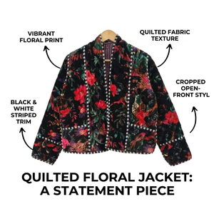 เสื้อแจ็คเก็ตผ้าควิลท์ลายดอกไม้สไตล์วินเทจ  งานปะติดปะต่อ  ทำมือจากผ้าฝ้าย  แบบสองด้าน  สไตล์โบโฮ  เสื้อคลุมสำหรับผู้หญิง  ผลิตภัณฑ์ที่ยั่งยืน - Product Image 6