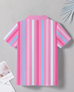 Pink Blue White Striped Short Sleeve Polo Shirt for Boys Casual Woven Collar Design Polyester/Cotton Jersey Breathable - Product Image 4