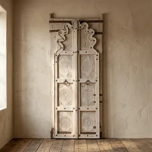Porte d'entrée vintage en bois indien récupéré, motifs floraux sculptés à la main, quincaillerie métallique antique, style rustique traditionnel Darwaza - Product Image 5