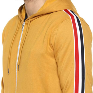 Sweat-shirt à capuche zippé pour homme, jaune moutarde, manches rayées, coupe classique, en molleton bouclette, pour l'automne - Product Image 5