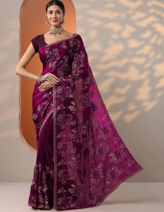 Sari Tradicional Bordado de Viscosa y Organza Reversible para Mujer, Diseño Otoñal, Sin Arrugas, con Blusa Sin Coser para Fiesta - Product Image 4