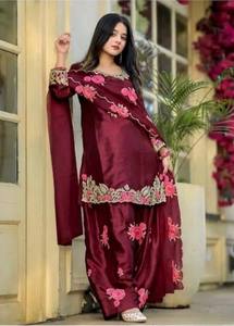 Embroidered Salwar Kameez Set Japan Satin Floral Sequin Work Outfit Women Pakistani Indian Clothing - Product Image 4