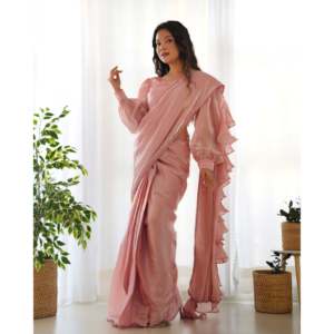 ส่าหรีชุดแต่งงานที่สง่างามพร้อมขอบลูกไม้สำหรับสวมใส่ในงานปาร์ตี้ - Product Image 3