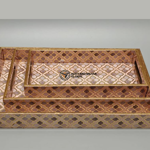 Geometrical Enamel Serving Tray Set of 3 MDF Wooden Decorative Tray Set Brown & Gold <b>Pattern</b> Serving Trays - Product Image 5