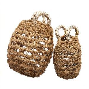 Cesta de Almacenamiento Tejida a Mano con Diseño de Rejilla Abierta, Asa Envuelta en Blanco, Maceta en Forma de Campana, Decoración Artística Pura - Product Image 3
