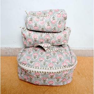 Hand Block Printed cotton Quilted vanity set With Zip Closure Floral Printed Cotton Fabric Bag for Women Cosmetic Bag Set - Product Image 3