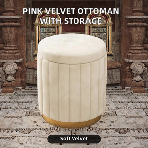 Pouf rond moderne en velours rose tressé à la main avec rangement intégré pour salon et chambre - Product Image 3