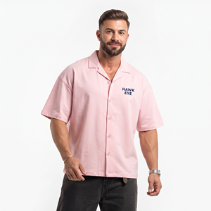 เสื้อเชิ้ตผ้าฝ้ายทรงบ็อกซี่สำหรับผู้ชาย ปกคอพับ แขนสั้นแบบดรอปไหล่ ติดกระดุม ทรงหลวม - Product Image 5