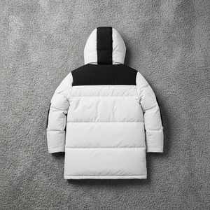 Men's <b>Long</b> <b>Hooded</b> <b>Puffer</b> <b>Jacket</b> White Black Color Blocking Thick Warm Winter Coat Casual Streetwear Zipper Closure - Product Image 4