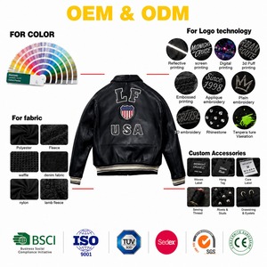 Blouson aviateur en cuir noir pour homme avec patch brodé LF USA, fermeture éclair, col rabattable, vêtement d'extérieur pour l'automne - Product Image 2