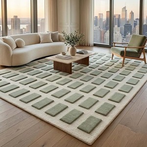 Tapis de luxe géométrique vert sauge à motif carré, tapis moderne tufté en peluche pour salon, chambre à coucher, tapis décoratif pour la maison - Product Image 1