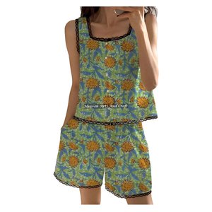 Nuevo Conjunto de Pijama de Verano para Niñas, de Algodón con Estampado Floral a Mano, con Ribete de Encaje, Pantalones Cortos, Conjunto de Pijama sin Mangas con Estampado Floral para Primavera/Verano - Product Image 1