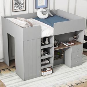 Letto a soppalco matrimoniale con armadio integrato, scrivania e scaffali portaoggetti, set camera da letto in legno grigio - Product Image 3