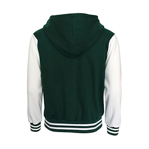 Custom High Street Varsity Hoodie Jacket Mens Green White Single Button <b>Stand</b> Collar Genuine Leather Drawstrings Ribbed Trim - Product Image 2