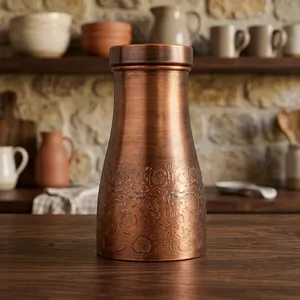 Jarra de Agua de Cobre, Matka de Cobre Tradicional Hecha a Mano con Diseño Floral Grabado y Acabado Antiguo, Recipiente para Almacenar Agua para el Hogar - Product Image 3