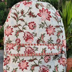 Quilted Floral Print Cotton Student Tote & Messenger Bag <b>Backpack</b> Zip Closure White Black Sustainable Unisex Versatile Stylish - Product Image 4