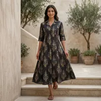 Robe ethnique noire imprimée pour femme, col chemise, manches trois quarts, coupe évasée, style décontracté et traditionnel pour le quotidien