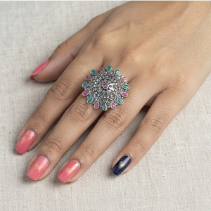 DIVYORO VINTAGE OXIDIZED <b>SILVER</b> INLAY ETHNIC STATEMENT <b>RING</b> with PINK & GREEN STONE ACCENTS - Product Image 4