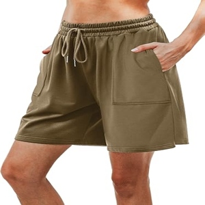 Women's Khaki Cotton Shorts Mid Waist <b>Drawstring</b> Loose Fit Casual With Pockets Breathable Knitted Sport Shorts - Product Image 4