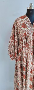 Ethnic <b>Brown</b> Floral Hand Print Cotton Midi Dress With <b>Tie</b> Neck Short Puff Sleeve Loose Fit Casual Dress For Women - Product Image 4
