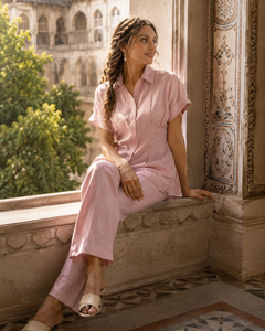 Ensemble de vêtements pour femmes de style bohème en lin, chemise à manches courtes décontractée et pantalon, ensemble 2 pièces, vêtements de détente écologiques et confortables - Product Image 4