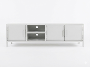 Modern White TV Stand with <b>Storage</b> Shelves and <b>Cabinet</b> Doors for Living <b>Room</b> Furniture Midcentury Design - Product Image 5