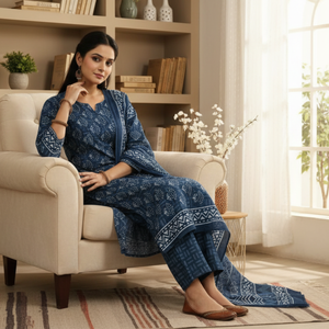 Indigo White Floral Cotton Kurti Sarong <b>Pyjama</b> Set | High Quality Hand Block Print Women Resort Wear | Ethnic Handmade Outfit - Product Image 6