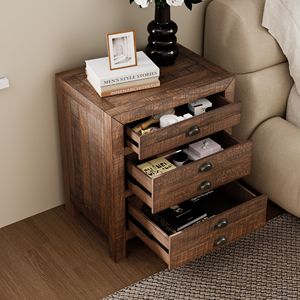 Mesita de Noche Rústica de Madera de Pino Maciza con Tres Cajones, Estación de Carga Integrada y Tiradores de Copa - Product Image 5