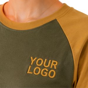 T-shirt Raglan Vert Olive et Jaune Moutarde pour Femme, Col Rond, Manches Courtes, en Polyester Coton, Décontracté, Été, Logo Personnalisé, OEM - Product Image 6