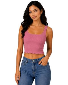 Top corto acanalado rosa para mujer, sin mangas, cuello cuadrado, ajustado, de punto, algodón elástico, moda casual de verano, chaleco personalizado para mujer - Product Image 1