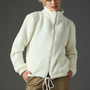 Veste polaire pour femme, col montant, manches longues, fermeture éclair, épaisse, chaude, hiver, couleur unie, longueur courte, polyester, fausse fourrure sherpa - Product Image 4