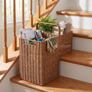 Cesta de Almacenamiento Rectangular Tejida de Imitación de Ratán con Asa Central Resistente, Organizador Moderno para Sala de Estar que Ahorra Espacio - Product Image 4