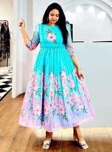 AARYA 2026 Nuevo Vestido Casual de Verano con Estampado Lindo y Moderno, Estilo Occidental, Holgado, Largo hasta la Rodilla, para Mujer, Tallas Grandes, Cuello Redondo, Tejido Mixto Chanderi - Product Image 3