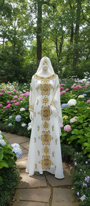 ชุดเดรสคาฟตันสีขาวปักลายหรูหรา ประดับเลื่อมสีทอง น้ำหนักเบา ระบายอากาศได้ดี พร้อมผ้าคลุมฮิญาบชีฟองเข้าชุด สำหรับงานปาร์ตี้ - Product Image 3